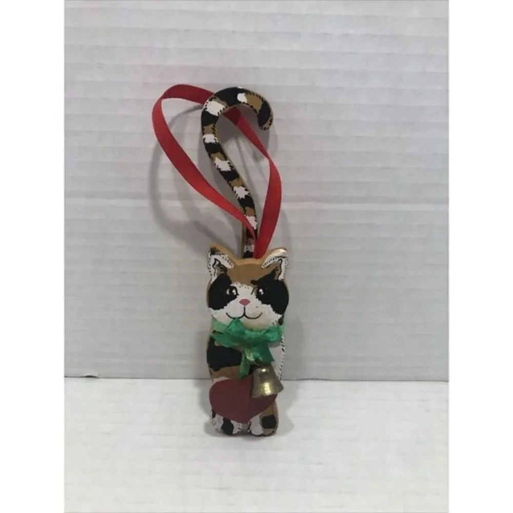 White Cat Wood Ornament Kurt Adler Wooden Kitten BellHeart Christmas Vintage1999